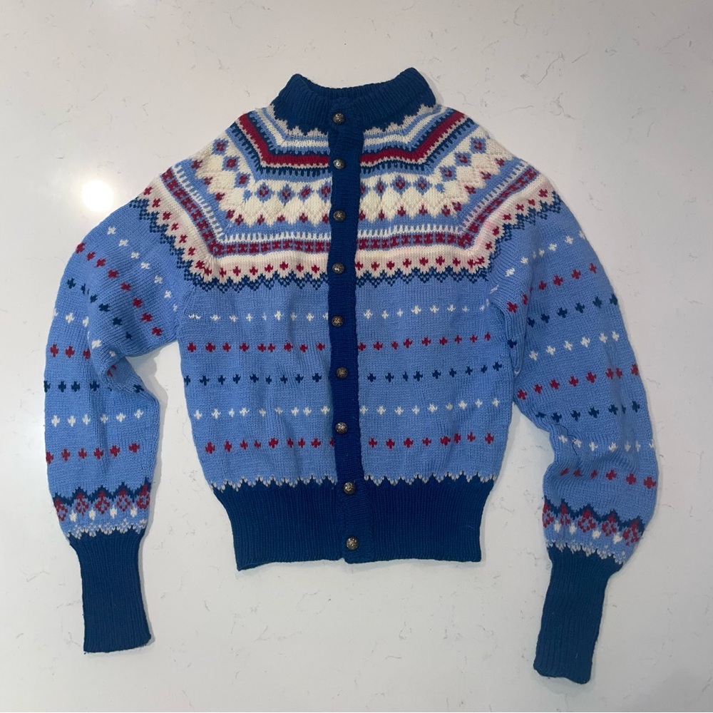 Vintage Hand Knit Wool Fair Isle youth Dannit Cardigan Blue red white sweater